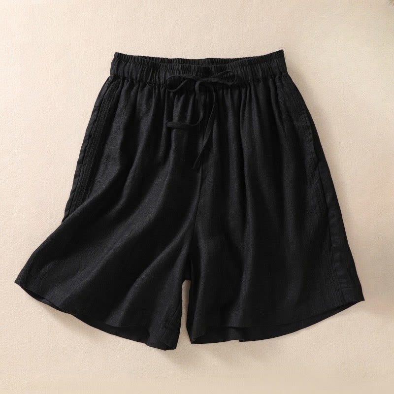 Buddha Stones Lässige Damen-Shorts aus Baumwolle und Leinen mit Blumenstickereimuster, Kordelzug und Taschen - Schwarz - US8-10， UK/AU12-14，EU40-42 (2XL) - image 4