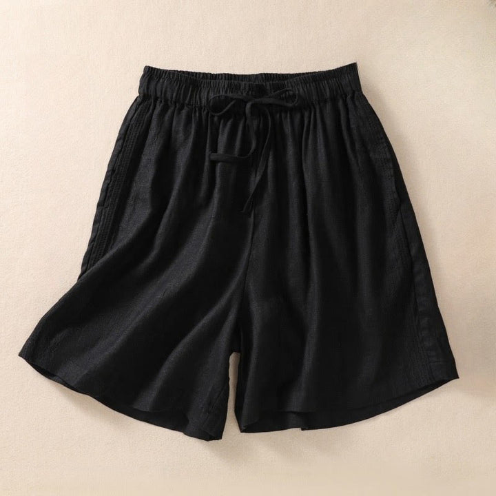 Buddha Stones Lässige Damen-Shorts aus Baumwolle und Leinen mit Blumenstickereimuster, Kordelzug und Taschen - Schwarz - US8-10， UK/AU12-14，EU40-42 (2XL) - image 4