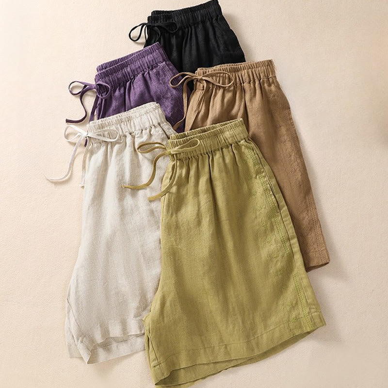 Buddha Stones Lässige Damen-Shorts aus Baumwolle und Leinen mit Blumenstickereimuster, Kordelzug und Taschen - image 21