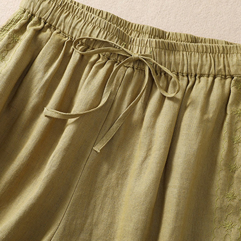 Buddha Stones Lässige Damen-Shorts aus Baumwolle und Leinen mit Blumenstickereimuster, Kordelzug und Taschen - image 16