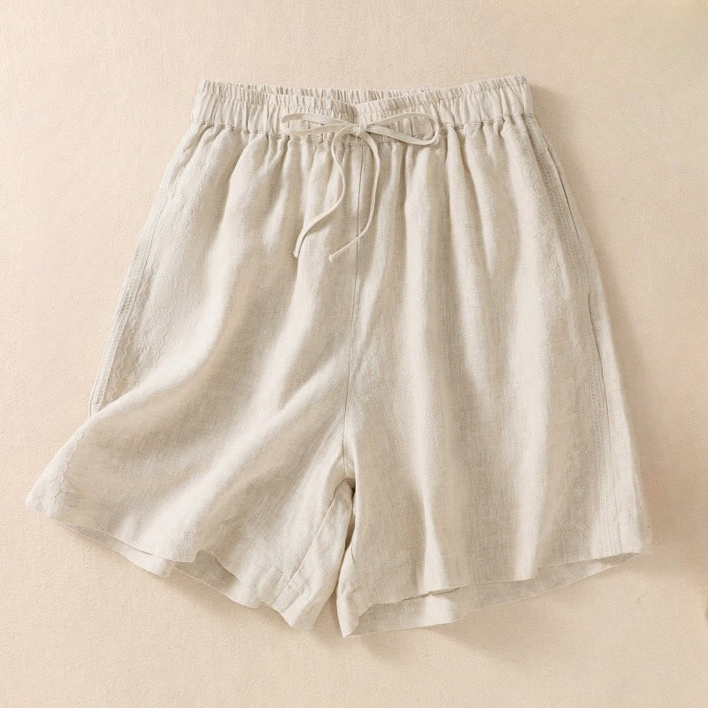 Buddha Stones Lässige Damen-Shorts aus Baumwolle und Leinen mit Blumenstickereimuster, Kordelzug und Taschen - Beige - US8-10， UK/AU12-14，EU40-42 (2XL) - image 10