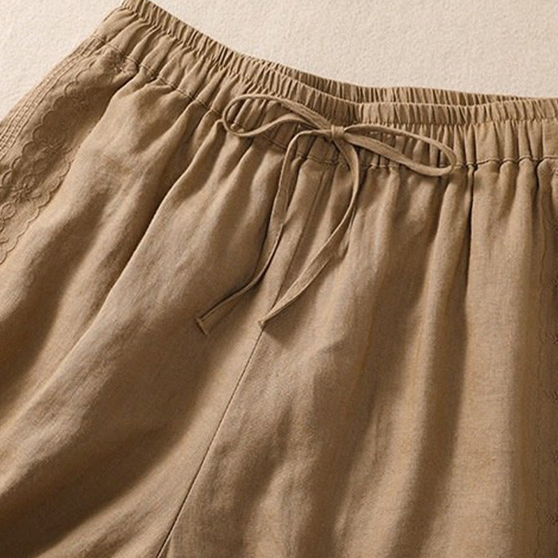 Buddha Stones Lässige Damen-Shorts aus Baumwolle und Leinen mit Blumenstickereimuster, Kordelzug und Taschen - image 8