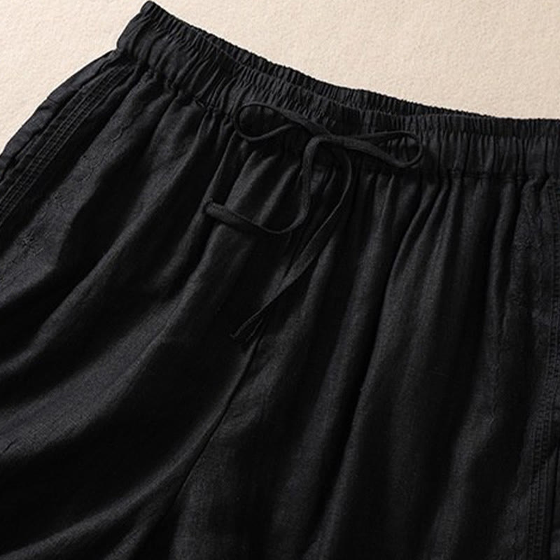 Buddha Stones Lässige Damen-Shorts aus Baumwolle und Leinen mit Blumenstickereimuster, Kordelzug und Taschen - image 5