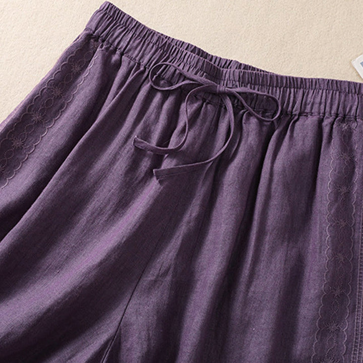 Buddha Stones Lässige Damen-Shorts aus Baumwolle und Leinen mit Blumenstickereimuster, Kordelzug und Taschen - image 2