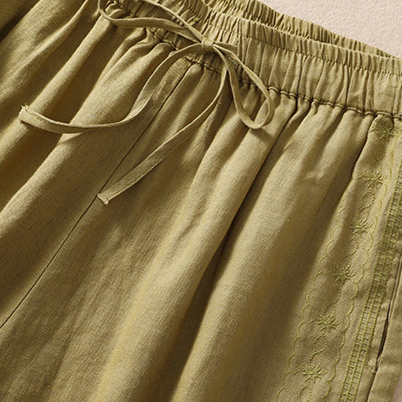 Buddha Stones Lässige Damen-Shorts aus Baumwolle und Leinen mit Blumenstickereimuster, Kordelzug und Taschen - image 17