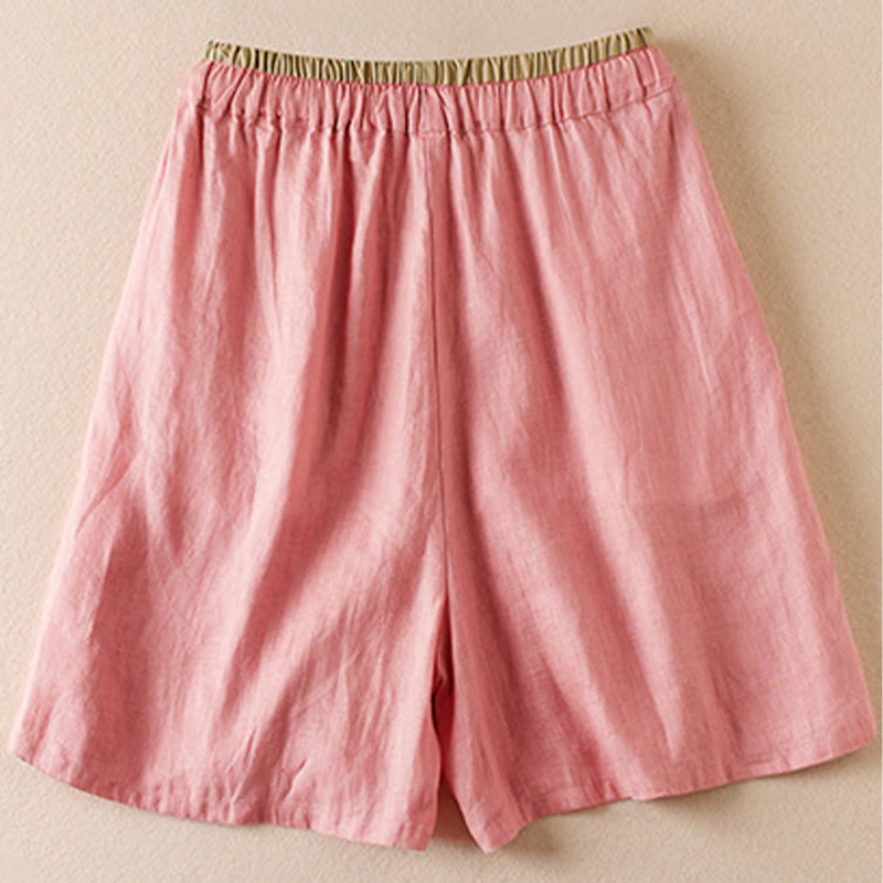 Buddha Stones Wild Simple Design Stickerei Kordelzug Baumwolle Leinen Damen Shorts mit Taschen
