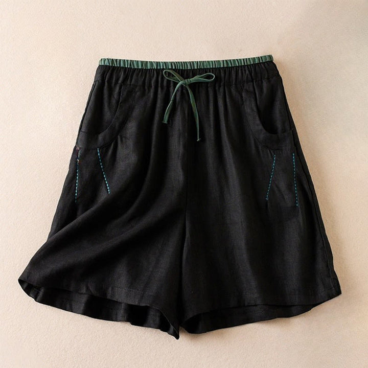 Buddha Stones Wild Simple Design Stickerei Kordelzug Baumwolle Leinen Damen Shorts mit Taschen