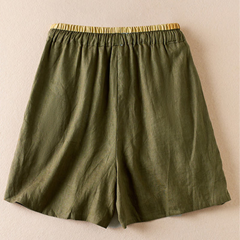 Buddha Stones Wild Simple Design Stickerei Kordelzug Baumwolle Leinen Damen Shorts mit Taschen