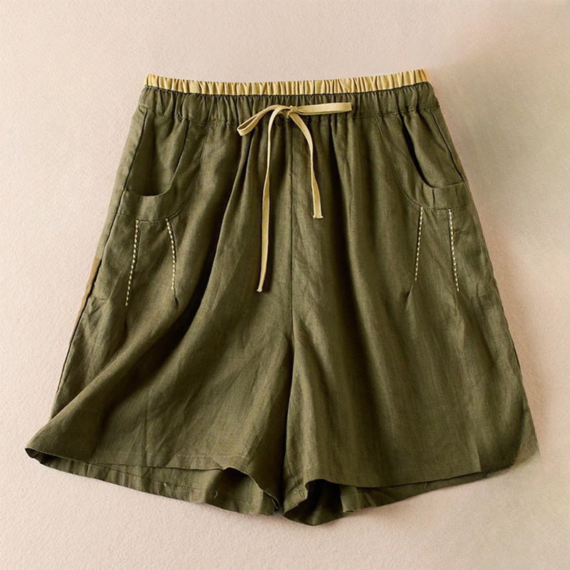 Buddha Stones Wild Simple Design Stickerei Kordelzug Baumwolle Leinen Damen Shorts mit Taschen