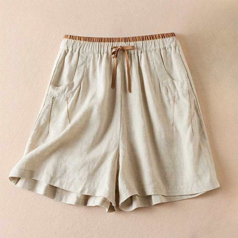 Buddha Stones Wild Simple Design Stickerei Kordelzug Baumwolle Leinen Damen Shorts mit Taschen