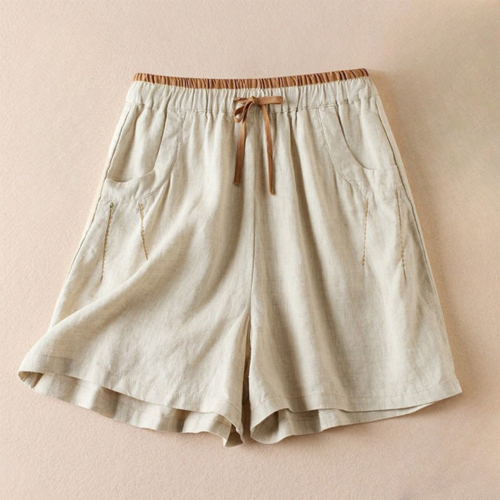 Buddha Stones Wild Simple Design Stickerei Kordelzug Baumwolle Leinen Damen Shorts mit Taschen