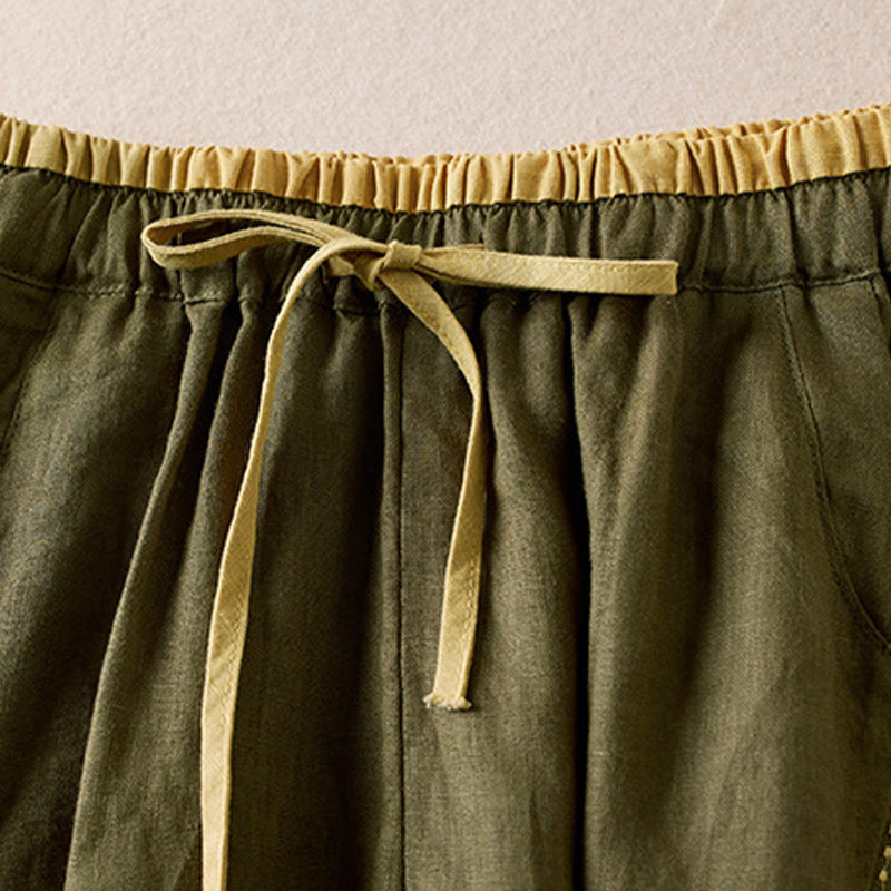 Buddha Stones Wild Simple Design Stickerei Kordelzug Baumwolle Leinen Damen Shorts mit Taschen