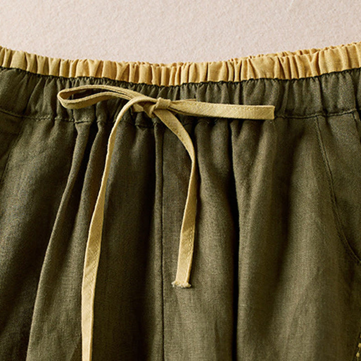 Buddha Stones Wild Simple Design Stickerei Kordelzug Baumwolle Leinen Damen Shorts mit Taschen