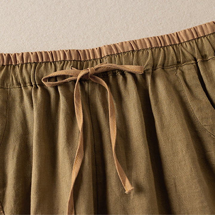 Buddha Stones Wild Simple Design Stickerei Kordelzug Baumwolle Leinen Damen Shorts mit Taschen