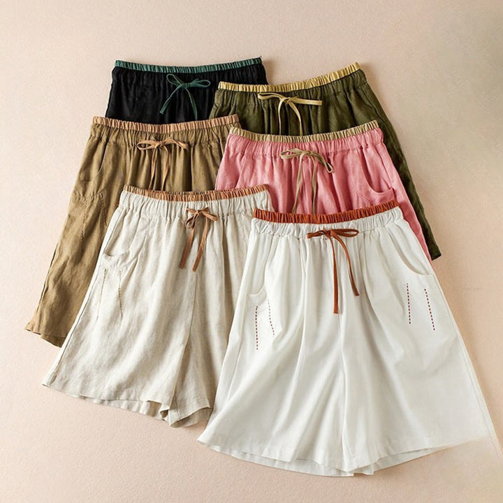 Buddha Stones Wild Simple Design Stickerei Kordelzug Baumwolle Leinen Damen Shorts mit Taschen