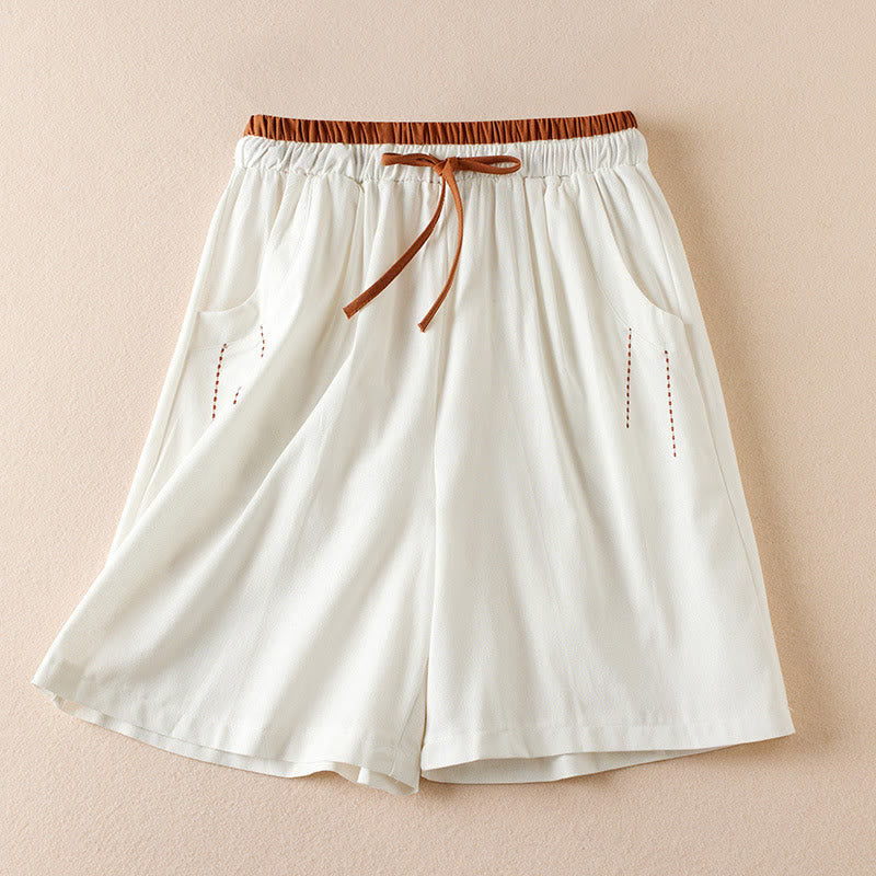 Buddha Stones Wild Simple Design Stickerei Kordelzug Baumwolle Leinen Damen Shorts mit Taschen