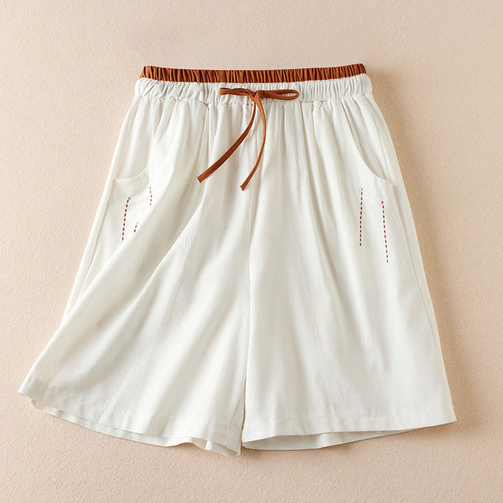 Buddha Stones Wild Simple Design Stickerei Kordelzug Baumwolle Leinen Damen Shorts mit Taschen