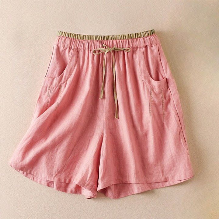 Buddha Stones Wild Simple Design Stickerei Kordelzug Baumwolle Leinen Damen Shorts mit Taschen