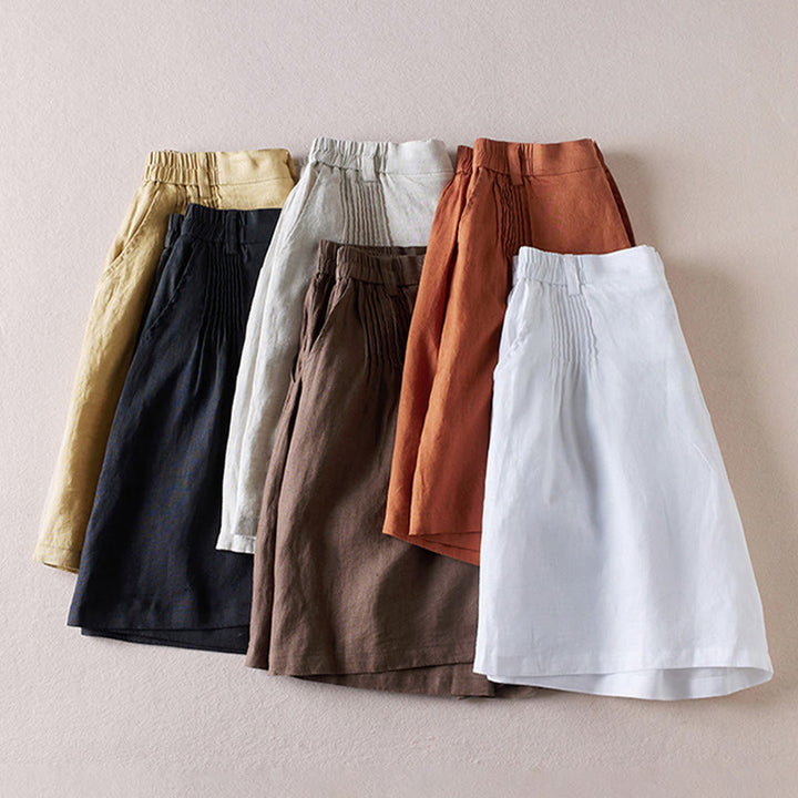 Buddha Stones Sommer Täglich Einfaches Faltendesign Baumwollleinen Damenshorts mit Taschen