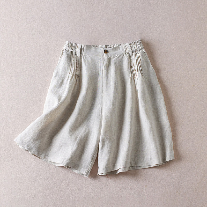 Buddha Stones Sommer Täglich Einfaches Faltendesign Baumwollleinen Damenshorts mit Taschen