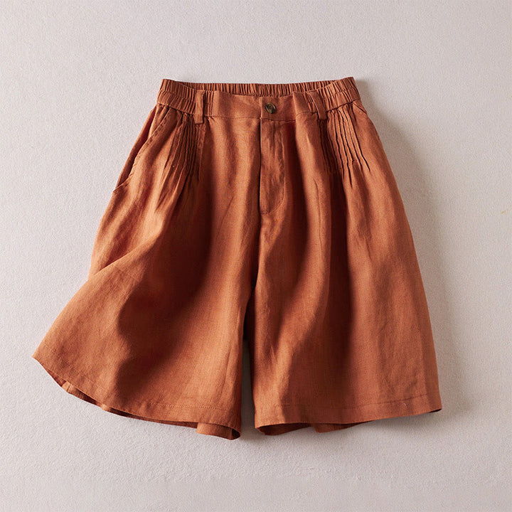 Buddha Stones Sommer Täglich Einfaches Faltendesign Baumwollleinen Damenshorts mit Taschen