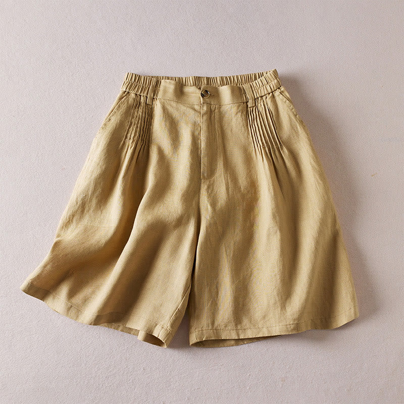 Buddha Stones Sommer Täglich Einfaches Faltendesign Baumwollleinen Damenshorts mit Taschen