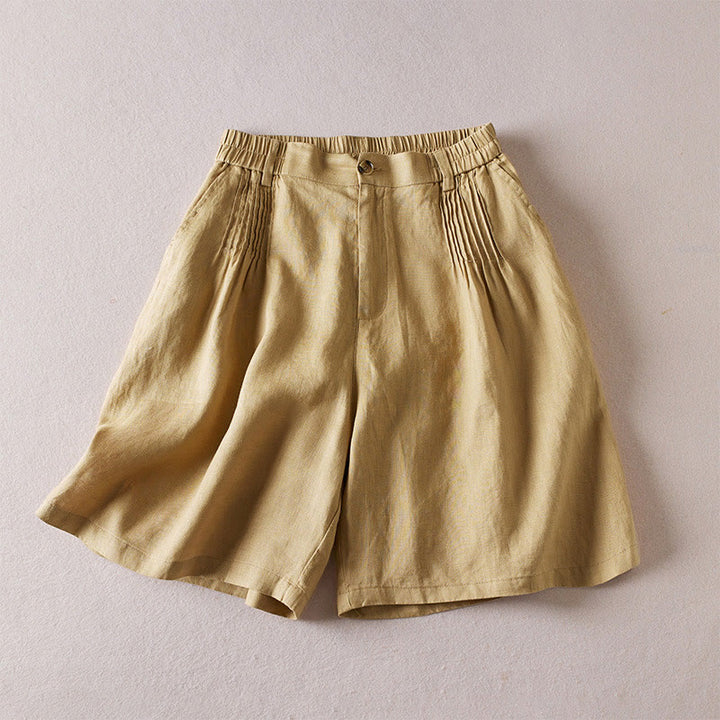Buddha Stones Sommer Täglich Einfaches Faltendesign Baumwollleinen Damenshorts mit Taschen