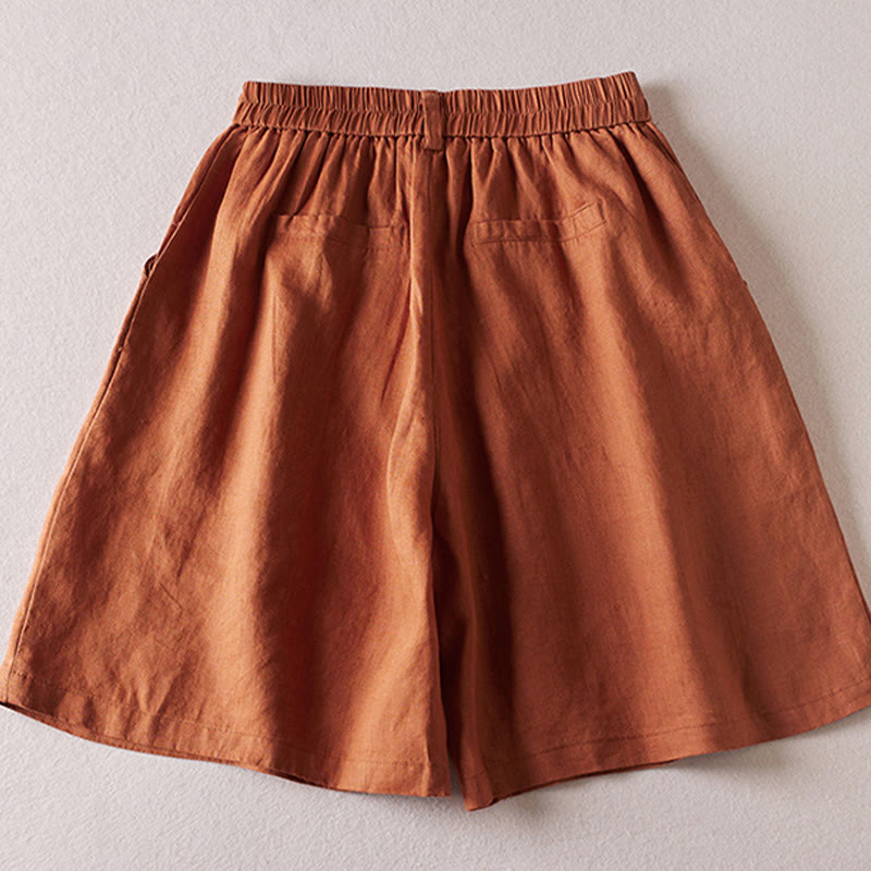 Buddha Stones Sommer Täglich Einfaches Faltendesign Baumwollleinen Damenshorts mit Taschen