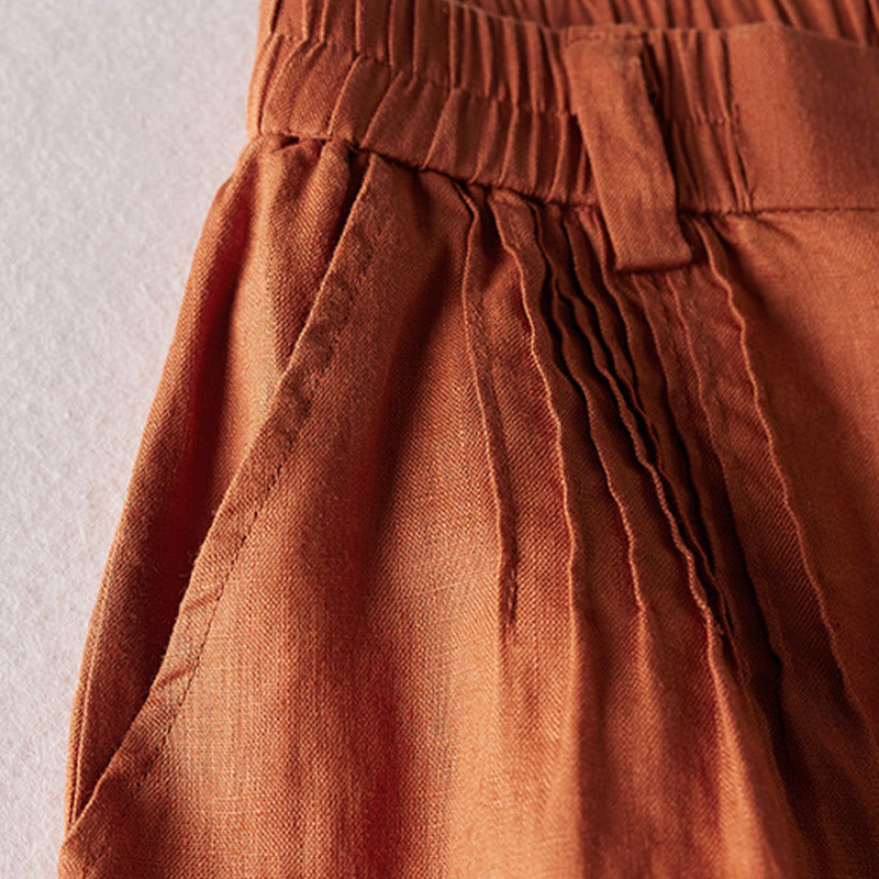 Buddha Stones Sommer Täglich Einfaches Faltendesign Baumwollleinen Damenshorts mit Taschen