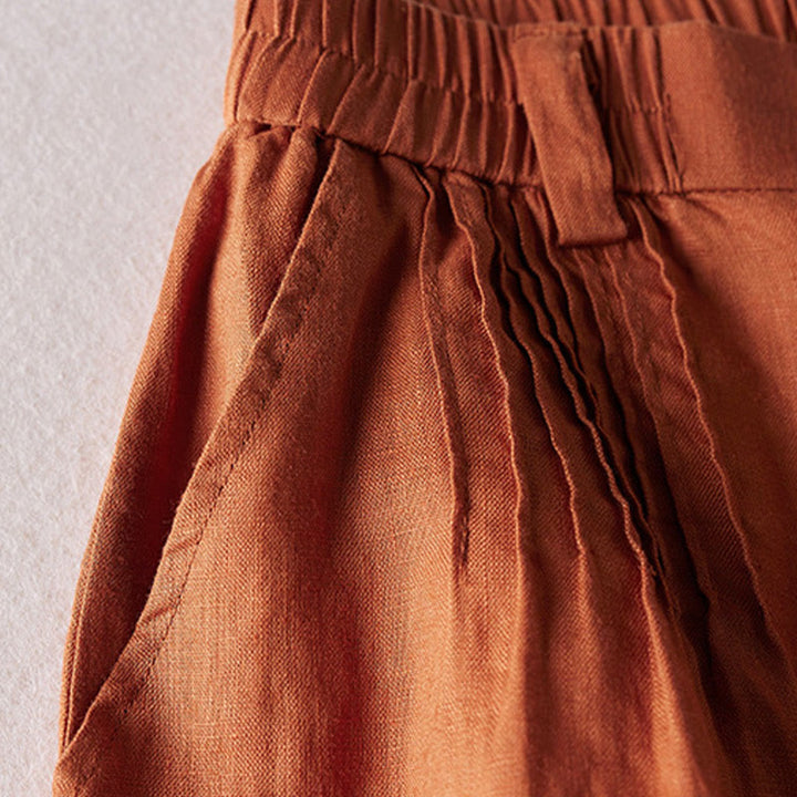 Buddha Stones Sommer Täglich Einfaches Faltendesign Baumwollleinen Damenshorts mit Taschen