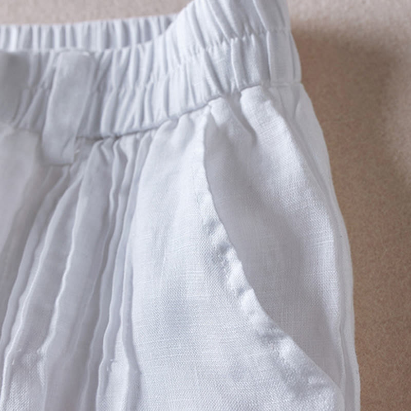 Buddha Stones Sommer Täglich Einfaches Faltendesign Baumwollleinen Damenshorts mit Taschen
