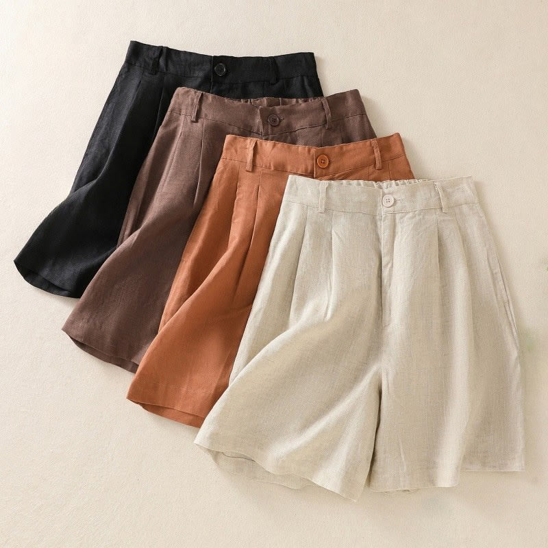 Buddha Stones Sommer Casual Pure Color Baumwolle Leinen Damen Shorts mit Taschen