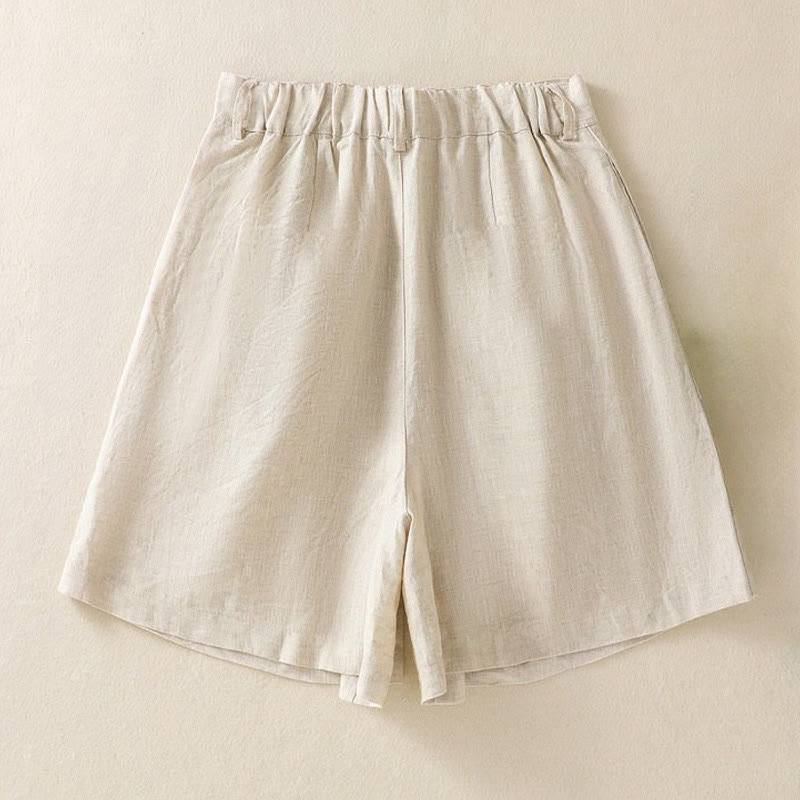 Buddha Stones Sommer Casual Pure Color Baumwolle Leinen Damen Shorts mit Taschen