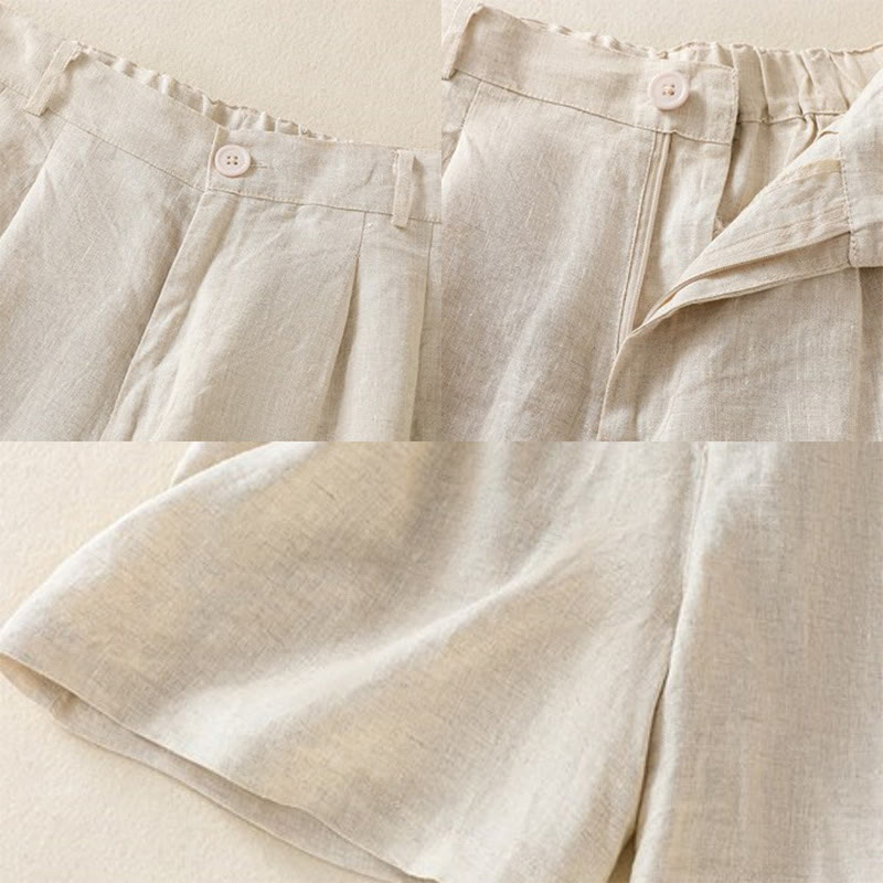 Buddha Stones Sommer Casual Pure Color Baumwolle Leinen Damen Shorts mit Taschen