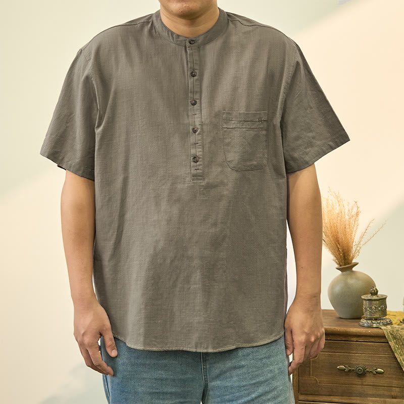Buddha Stones Herren Sommerhemd aus Baumwolle und Leinen, einfarbig, kurzärmelig, mit halben Knöpfen - DunkelMeergrün - US/ UK/AU40，EU50 (2XL) - image 1