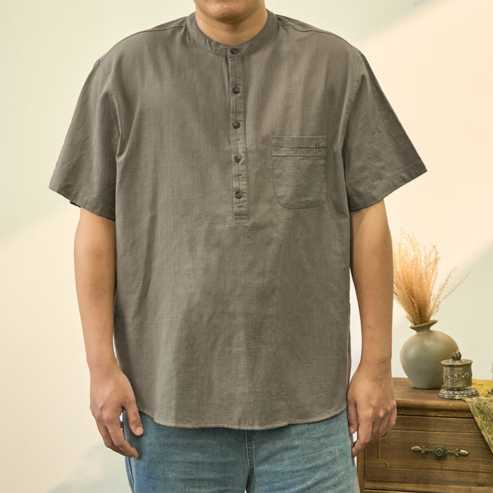 Buddha Stones Herren Sommerhemd aus Baumwolle und Leinen, einfarbig, kurzärmelig, mit halben Knöpfen - DunkelMeergrün - US/ UK/AU40，EU50 (2XL) - image 1