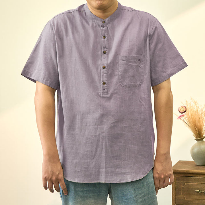 Buddha Stones Herren Sommerhemd aus Baumwolle und Leinen, einfarbig, kurzärmelig, mit halben Knöpfen - Hellgrau - US/ UK/AU40，EU50 (2XL) - image 13