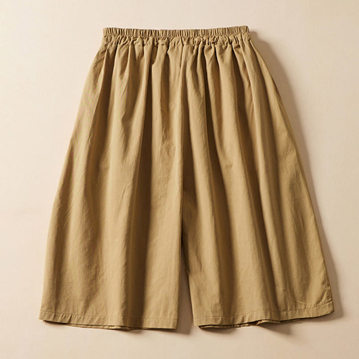 Buddha Stones Lässige, einfarbige Shorts aus Baumwolle mit Faltendesign und Kordelzug und Taschen - image 1