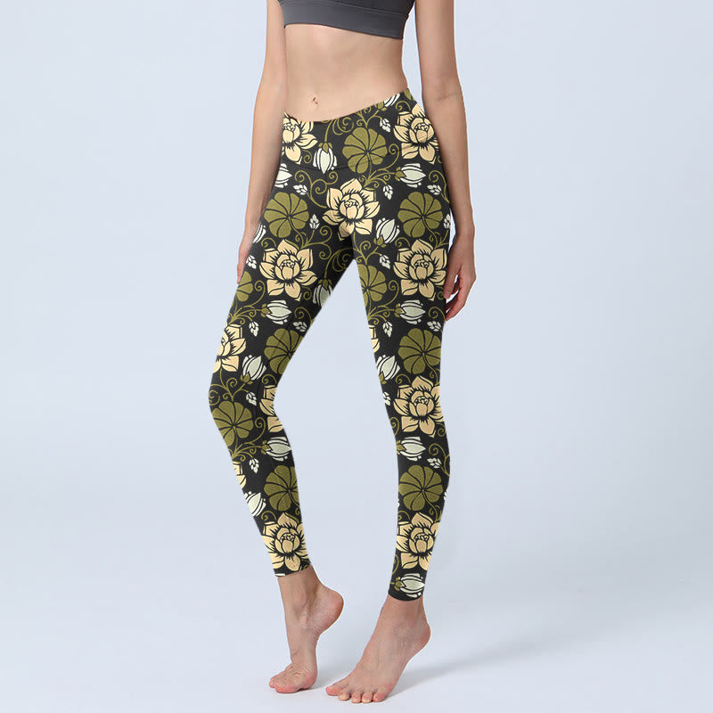 Buddha Stones, gelbe Blumen, grüne Blätter, Druck, Fitnessstudio, Fitness-Leggings, Damen-Yogahose - DunkelKhaki - US18， UK/AU22，EU50 (4XL) - image 1