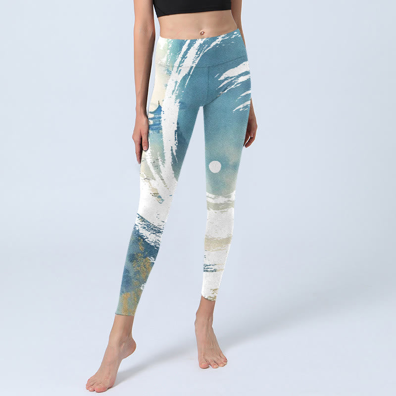 Buddha Stones Blau Weiß Beige Wave Graffiti Print Sport Fitness Leggings Damen Yogahose - image 6