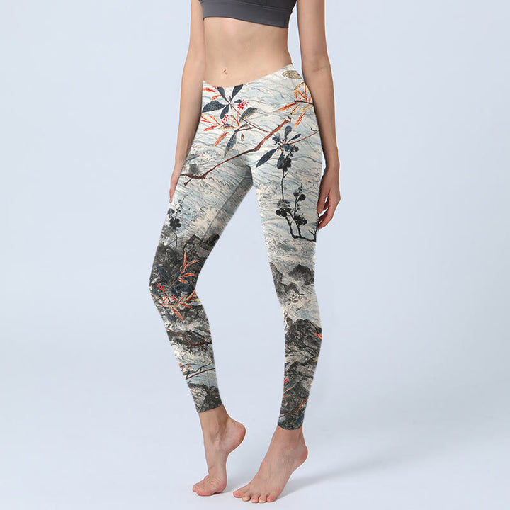 Buddha Stones ​​Wellen Felsen Bäume Druck Gym Fitness Leggings frauen Yoga Hosen - Beige - US18， UK/AU22，EU50 (4XL) - image 1