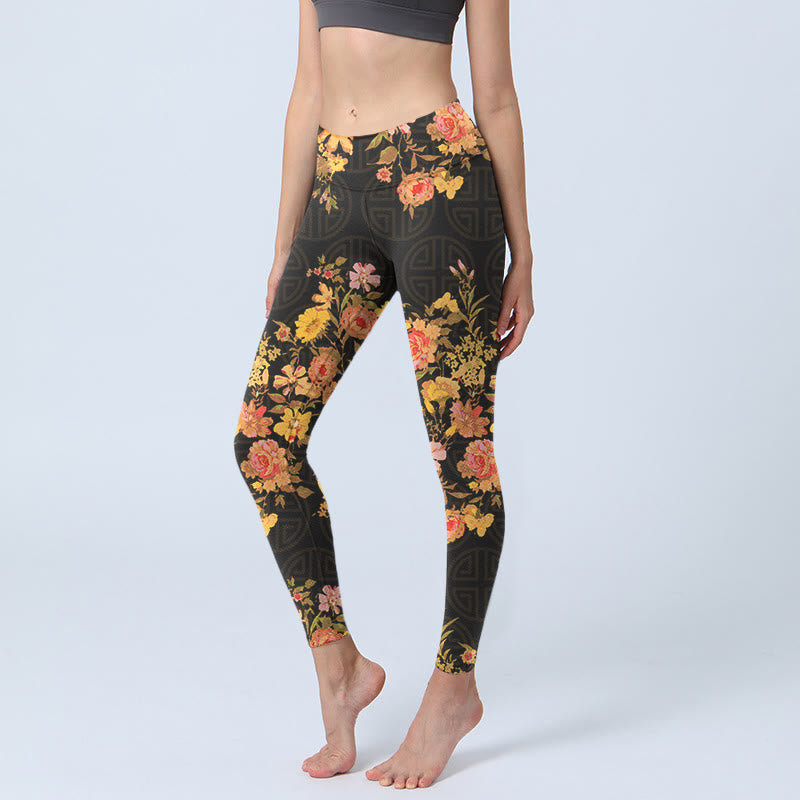 Buddha Stones, gelb, rosa, Blumen, grüne Blätter, Druck, Fitnessstudio, Fitness-Leggings, Damen-Yogahose - Schwarz - US18， UK/AU22，EU50 (4XL) - image 1