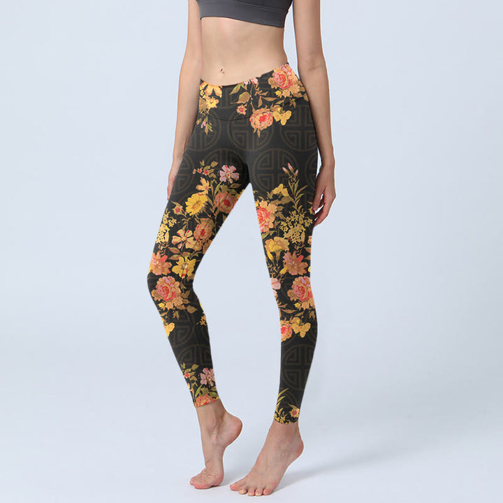 Buddha Stones, gelb, rosa, Blumen, grüne Blätter, Druck, Fitnessstudio, Fitness-Leggings, Damen-Yogahose - Schwarz - US18, UK/AU22, EU50 (4XL) - image 0