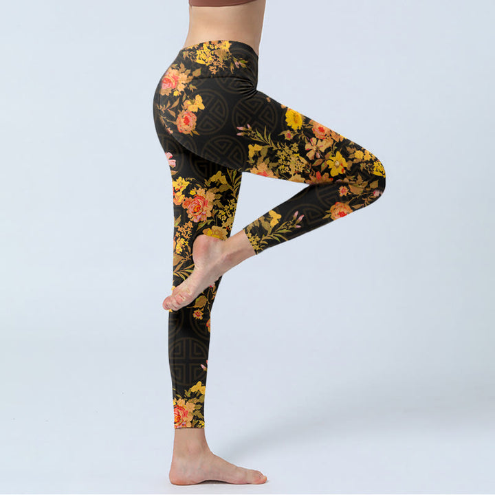 Buddha Stones, gelb, rosa, Blumen, grüne Blätter, Druck, Fitnessstudio, Fitness-Leggings, Damen-Yogahose - image 3