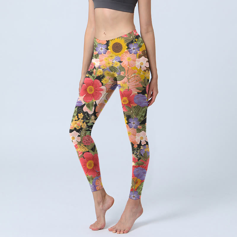 Buddha Stones Sonnenblumen Rosa Lila Blumen Druck Sport Fitness Leggings Damen Yoga Hose - Schwarz - US18, UK/AU22, EU50 (4XL) - image 0