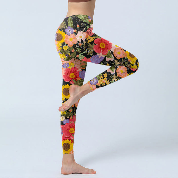 Buddha Stones Sonnenblumen Rosa Lila Blumen Druck Sport Fitness Leggings Damen Yoga Hose - image 3