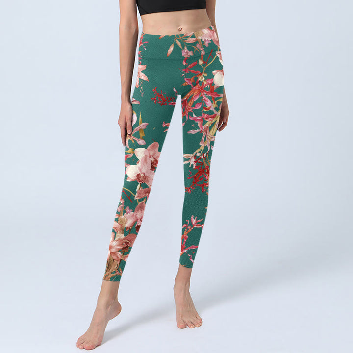 Buddha Stones Grün Rosa Blumen Print Gym Fitness Leggings Damen Yogahose - image 5