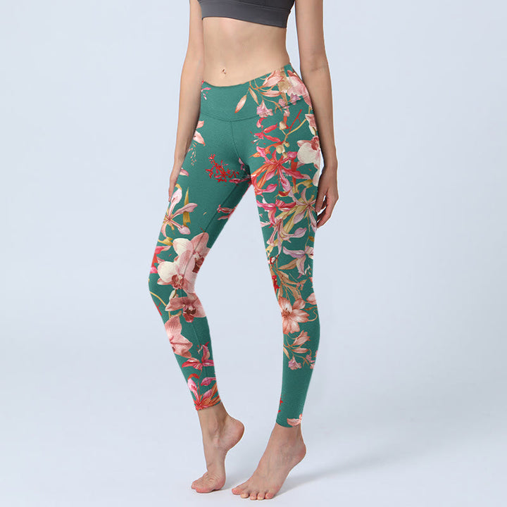 Buddha Stones Grün Rosa Blumen Print Gym Fitness Leggings Damen Yogahose - Mittelaquamarin - US18, UK/AU22, EU50 (4XL) - image 0