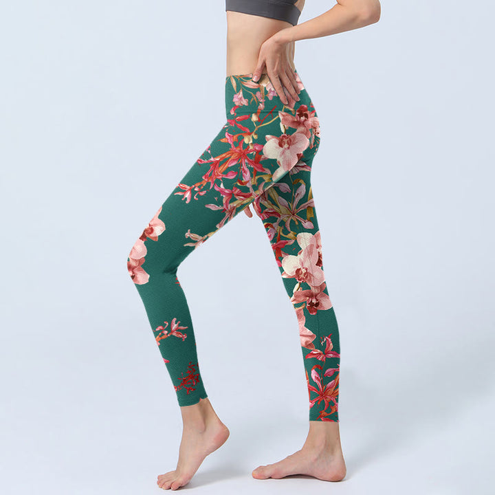 Buddha Stones Grün Rosa Blumen Print Gym Fitness Leggings Damen Yogahose - image 3