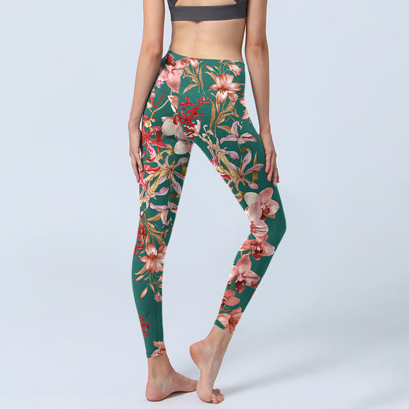 Buddha Stones Grün Rosa Blumen Print Gym Fitness Leggings Damen Yogahose - image 4
